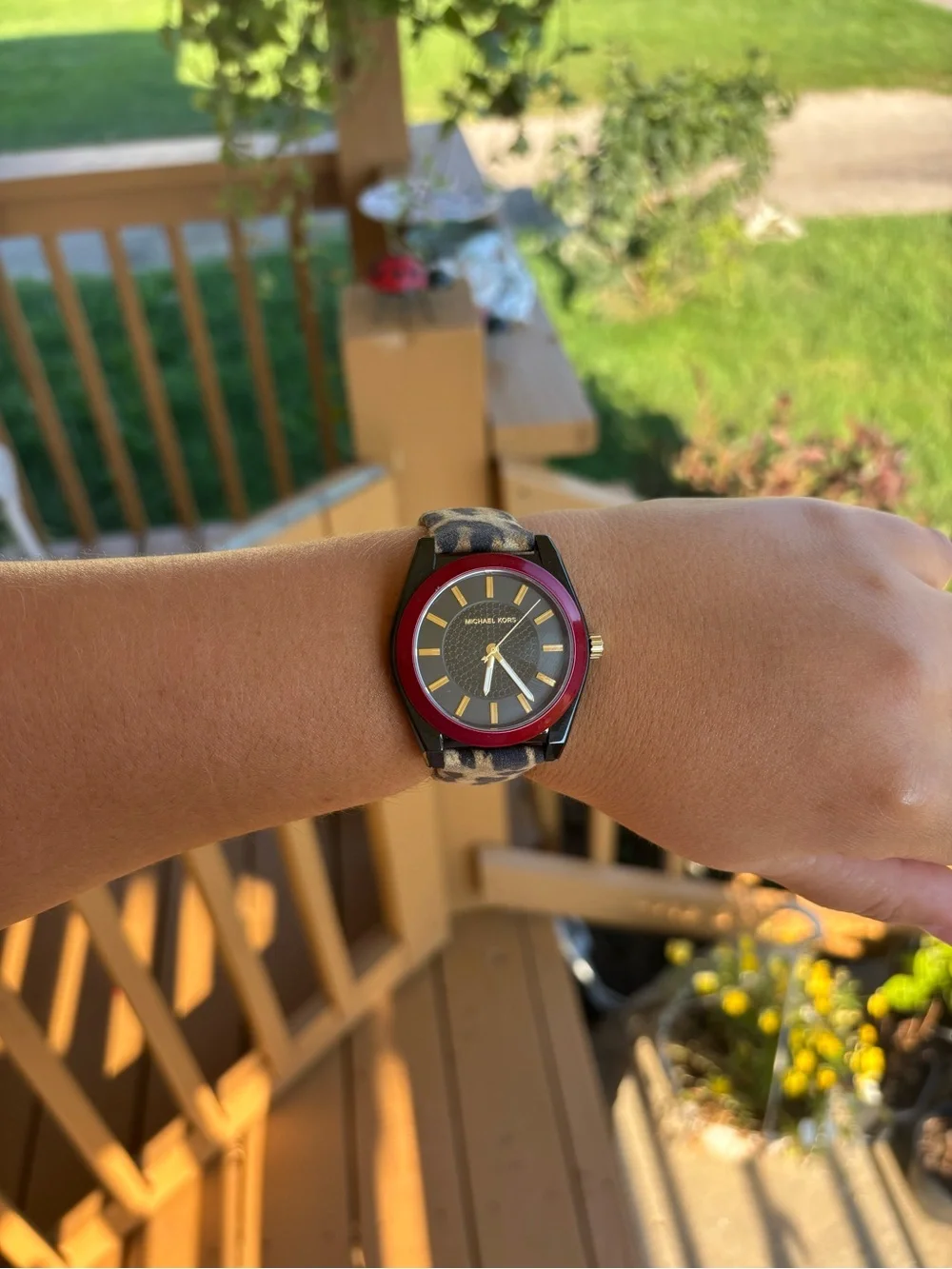 Michael Kors Leopard Print Suede Strap Watch with Red Bezel